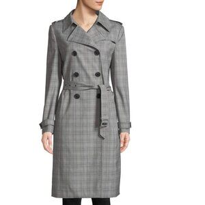 Elie Tahari Trench Coat Womens XL Gray Plaid Double Breasted Belted Jacket